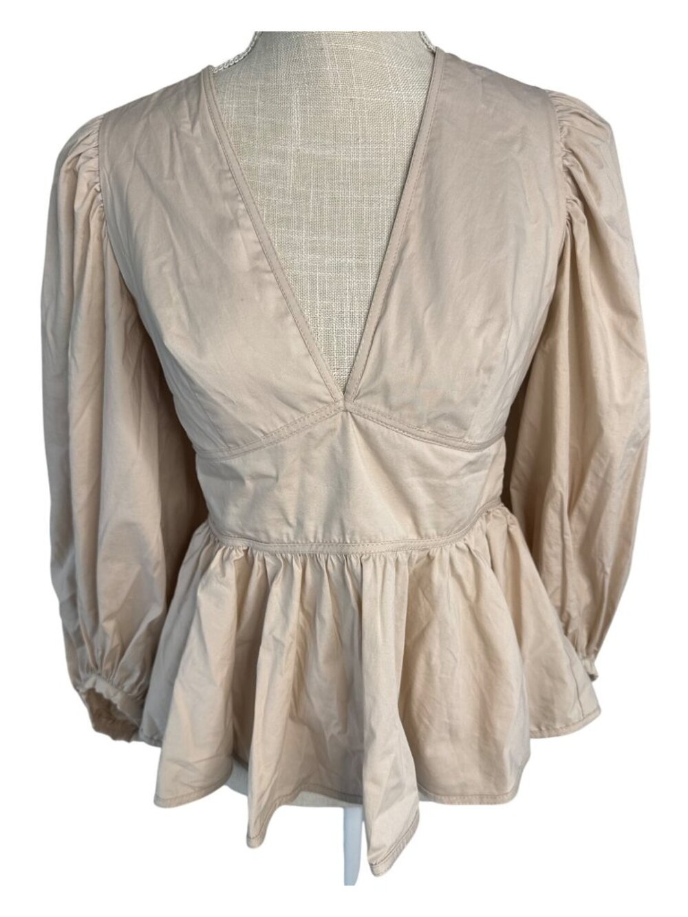 Staud Beige Peplum Blouse With Puff Sleeves & V-Neckline Size S